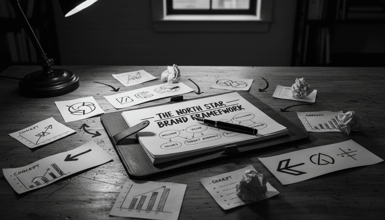 A leather portfolio on a wooden desk with a brand strategy diagram and a fountain pen, under a desk lamp in a dim Chicago office.