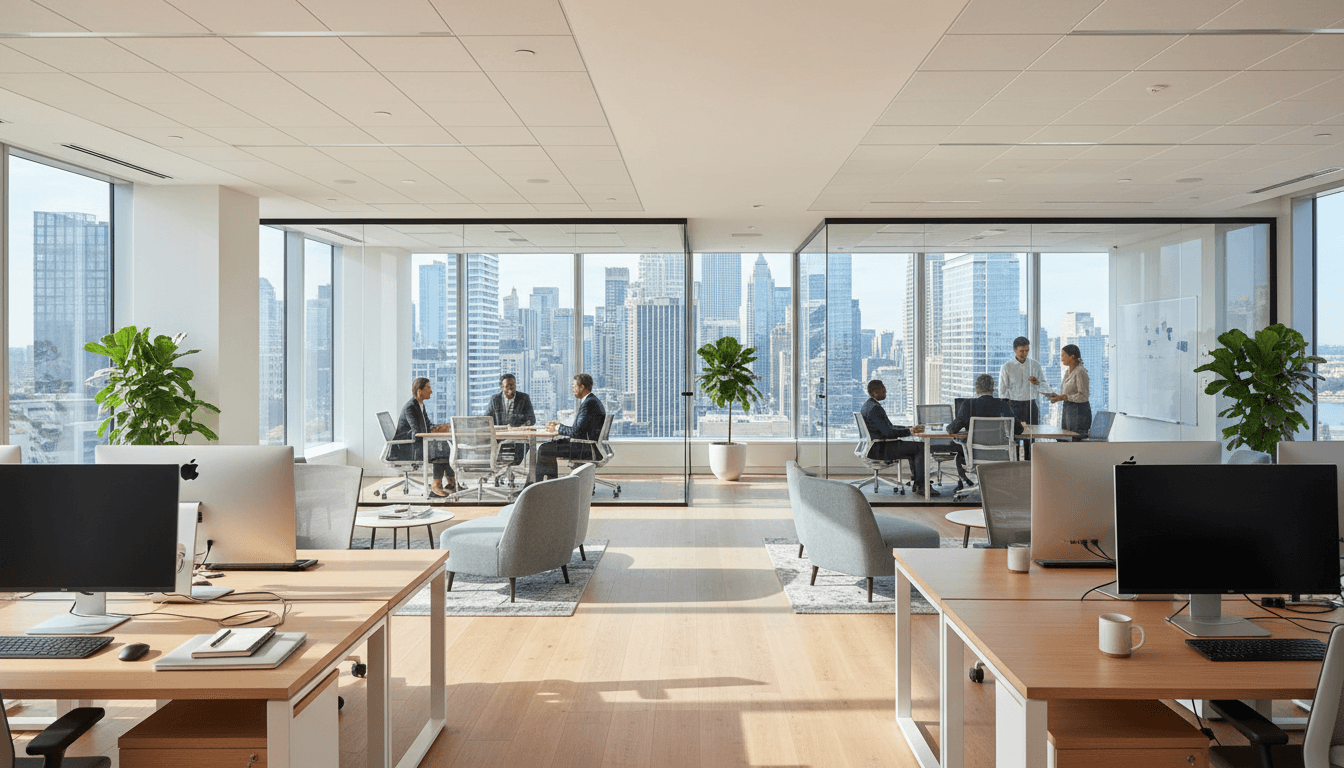 Modern Chicago consulting office with city view through large windows